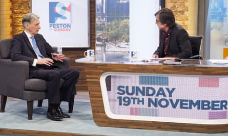 Peston interviewing Philip Hammond on his Sunday politics programme this month.