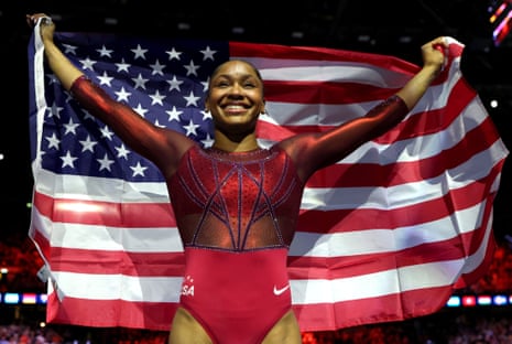 Skye Blakely celebrates after winning the women’s all-around title at the World Gymnastics Championships in Rotterdam on Friday.