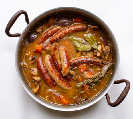 Use the same pan to maximise flavour: sausage and mushroom Christmas stew.