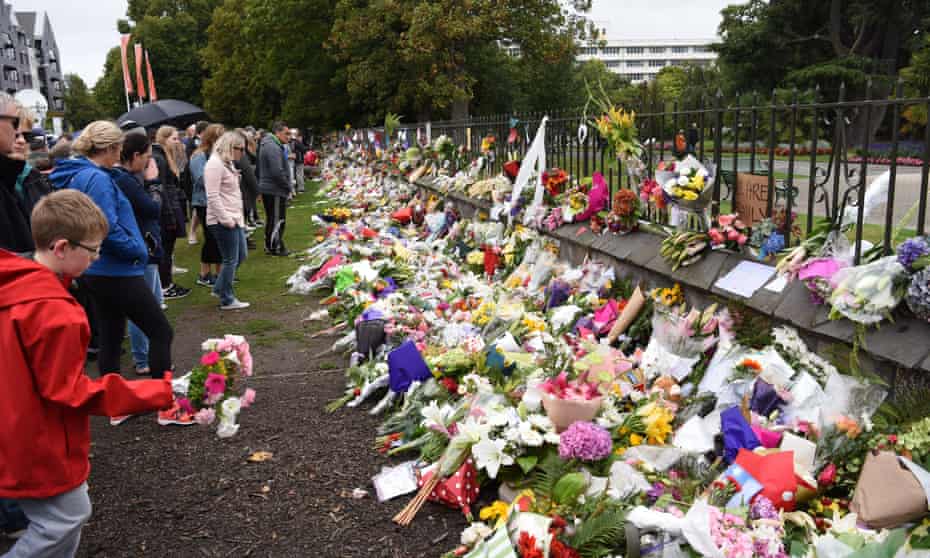 Floral tributes are seen after the terrorist attacks on two mosques in Christchurch, New Zealand