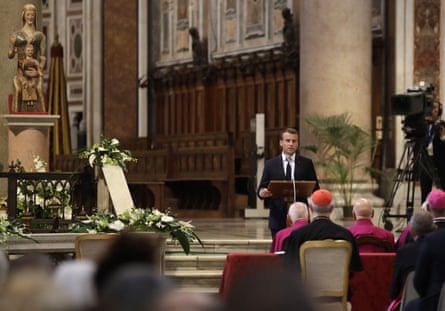 Macron speaks during a ceremony to receive the title of honorary canon of St John Lateran, the cathedral of Rome