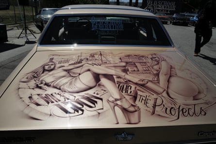 Designer Hood in da Hood – beautiful artwork bedecks a low-rider in Hope Park, Los Angeles