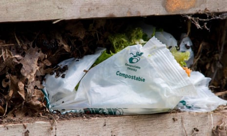 compostable plastic bag in compost heap