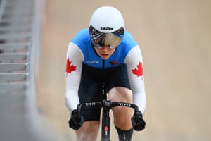 At the velodrome, Canada’s Sarah Orban looks focused during the women’s sprint qualifying heats.