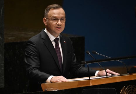 The Polish president, Andrzej Duda, addresses the 78th United Nations general assembly in New York City.