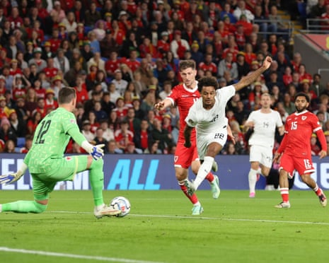 Oscar Bobb of Norway fires home to open the scoring in Wales.