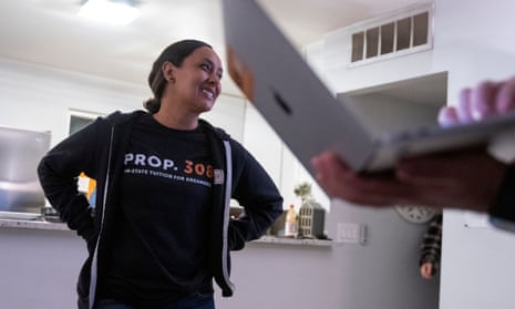 Erika Andiola, smiles at a watch party for Proposition 308, a ballot initiative that would extend in-state tuition at Arizona universities to all students regardless of immigration status in Phoenix, Arizona, on November 13, 2022.
