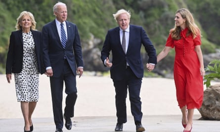 Jill and Joe Biden and Boris and Carrie Johnson walk together in Cornwall