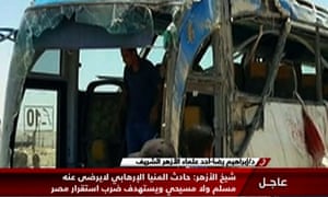 An image grab taken from Egypt’s state-run Nile News TV shows the remains of the bus.