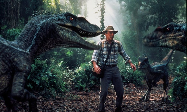 Sam Neill, as Dr. Alan Grant, encounters a group of raptors Jurassic Park III. His garb typifies the public perception of a palaeontologist.