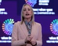 Julie Sweet, CEO of Accenture, speaks at the AI Impact Summit in Delhi, India, on 19 February.