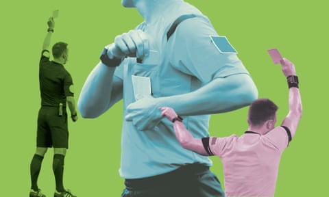 illustration/composite of three anonymised football referees cut out on coloured background