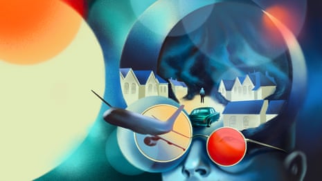 Illustration of a plane, and mountains behind, and a man wearing glasses with red lenses