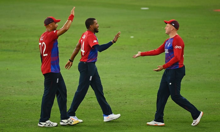 Jordan celebrates the wicket of Finch with Bairstow.
