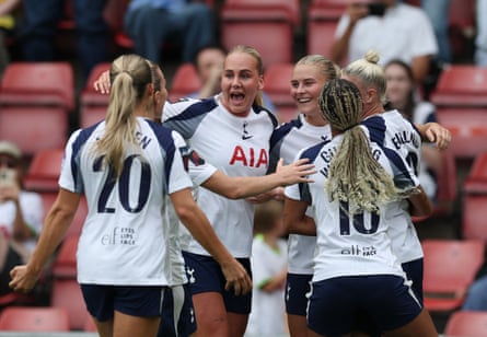 Tottenham Hotspur’s Bethany England celebrates scoring against West Ham