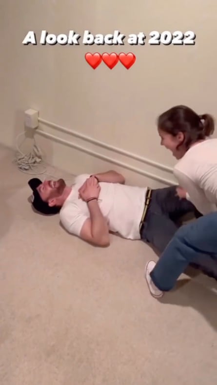 An Instagram picture of Chris Evans lying on the floor laughing with Alba Baptista, captioned look back at 2022