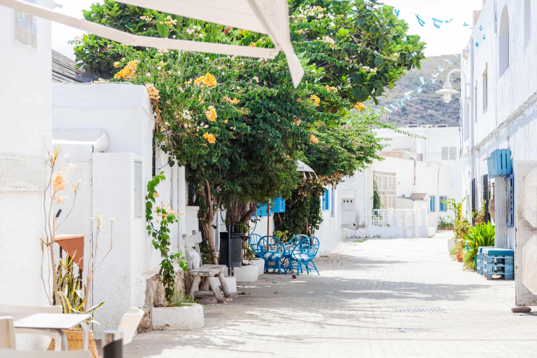 White houses on a narrow white paved street with a tree and blue outdoor chairs