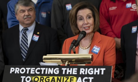 The speaker of the House, Nancy Pelosi, flanked by the AFL-CIO president, Richard Trumka, speaks during a news conference about the Protecting the Right to Organize (Pro) Act in February.