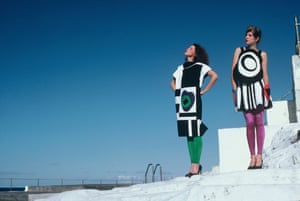 Robina and Gael McKay wearing Linda’s Black and White Patchwork series on Bondi Beach in 1979.