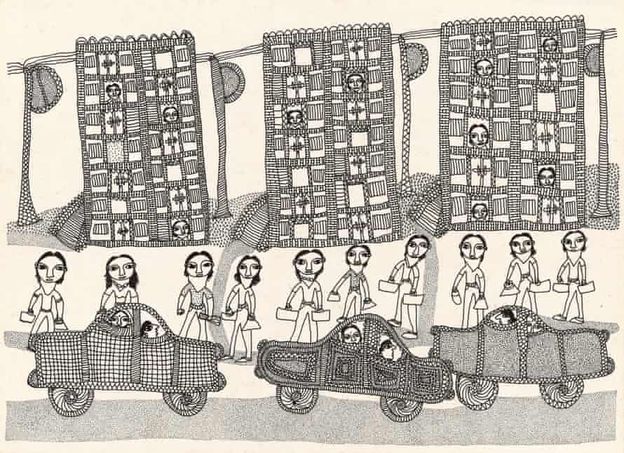 Traffic in the city by Teju Jogi (2020), ink on paper.