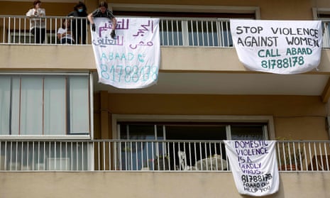 Banners on balconies in Beirut, Lebanon, protesting against domestic violence during a campaign dubbed #LockdownNotLockup in April last year.
