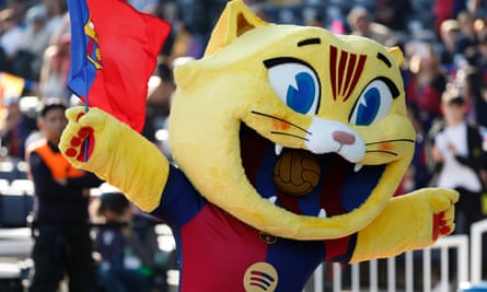 Barcelona’s new mascot ‘Cat’ is introduced to the fans before the defeat to Las Palmas.