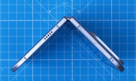 The Google Pixel 9 Pro Fold open at a 45-degree angle.