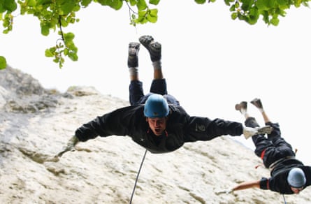 England batsman Alastair Cook plummets head first during an abseiling exercise at the England Cricket squad pre-Ashes training camp in Bavaria during September 2010.
