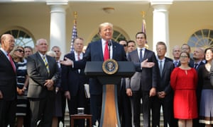 U.S. President Donald Trump speaking during a press conference to discuss a revised U.S. trade agreement with Mexico and Canada in the Rose Garden of the White House today