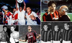 From top left: Marcel Desailly in 1994; Marco van Basten and Arrigo Sacchi in 1989; Gunnar Nordahl, Gunnar Gren and Nils Liedholm in the 1950s; Kaká in 2007; Giovanni Trapattoni and Pelé in 1963
