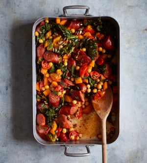 Nik Sharma’s roast sausage, chickpea and autumn vegetables.
