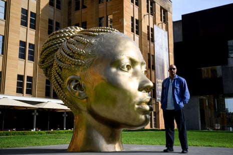 British artist Thomas J Price with his new monumental sculpture Ancient Feelings