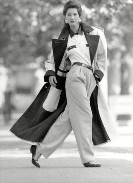A model wears an outfit from Debenhams and shoes from Russell & Bromley in 1989.