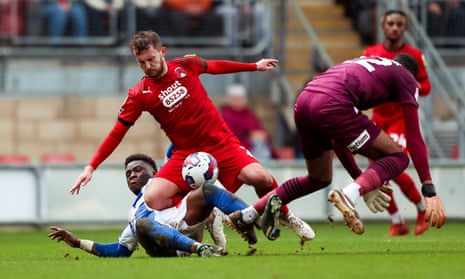 Leyton Orient's Tom James and Samson Tovide of Colchester tussle during Saturday’s 2-2 draw