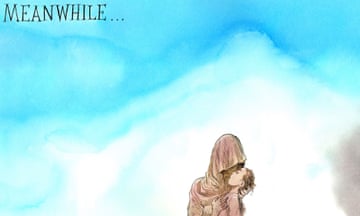 Chris Riddell illustration of a woman cradling a dead child in the ruins of Gaza with the caption meanwhile, in reference to the Commons row