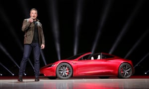 Elon Musk unveils Tesla’s forthcoming Roadster 2 sports car in California.