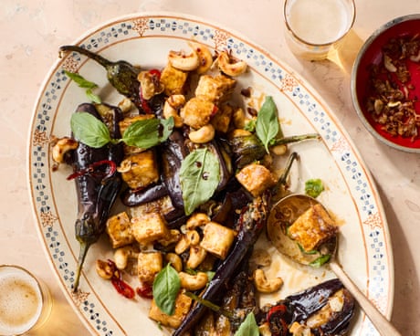 Ravinder Bhogal's stir-fried Aubergines with tofu, cashew nuts and thai basil.