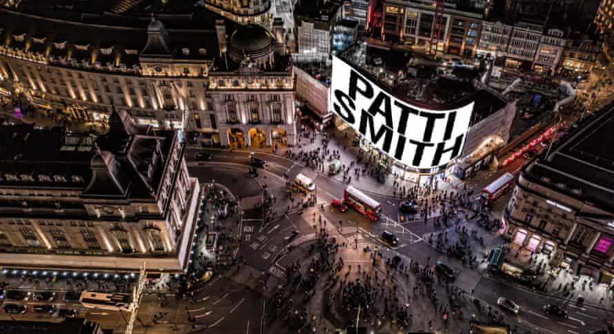 How Patti Smith’s performance will appear in Piccadilly Circus on New Year’s Eve.