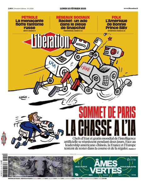 Front page of the French daily Liberation on 10 February 2025 at the start of the Artificial Intelligence Action Summit in Paris, France