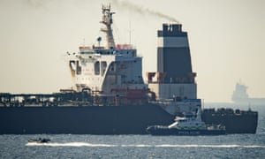 Royal Marine patrol vessel is seen beside Grace 1 super tanker off Gibraltar.