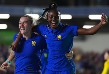 Melvine Malard celebrates scoring Chelsea’s fifth goal of the game with Ellie Carpenter