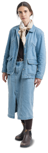 Hannah, full body shot, wearing pale blue denim and pink scarf