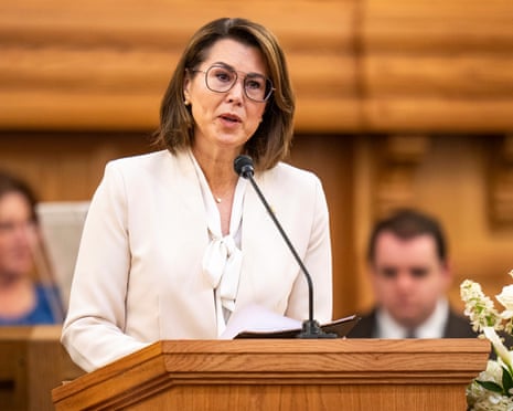 Utah Lt. Gov. Deidre Henderson speaks at funeral services for former U.S. Rep. Mia Love at the University of Utah Institute of Religion in Salt Lake City on Monday, April 7, 2025 (Rick Egan/The Salt Lake Tribune via AP, Pool)