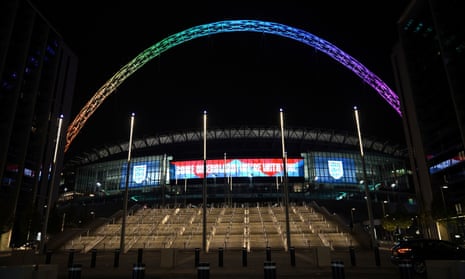 The Wembley arch in rainbow colours tonight.