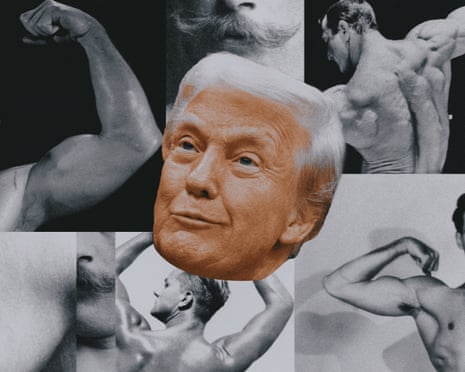 Collage of Donald TrumpâÂÂs face surrounded by black-and-white photographs of muscular men flexing