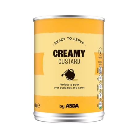 A yellow tin labelled "Creamy Custard" stands against a plain white background
