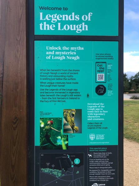 A sign by Lough Neagh extols the lake’s history and ecology