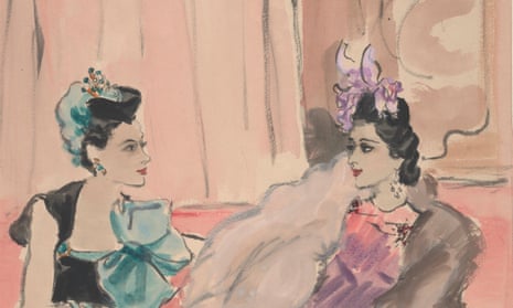 Illustration of Madame Jean Ralli (left) wearing a plumed velvet pillbox hat of turquoise and velvet by Suzy, and a Molyneux crepe dress in black with a turquoise bow and turquoise jewels; Princess Karam of Kapurthala (right) wearing a Reboux pyramid of orchids on a small cap with a Mainbocher lame dress and cape in half beige and half blue fox detailed with amethyst jewels – Vogue, 1939.