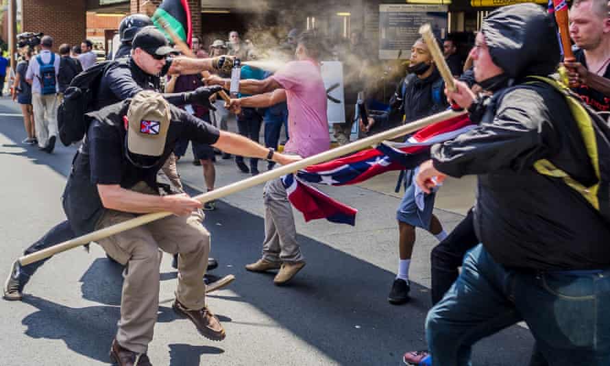 Neo-Nazis clash with anti-fascist counterprotesters at the Unite the Right rally in Charlottesville, 2017