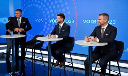 From left: Robert Fico, PS leader Michal Šimečka and Peter Pellegrini of Hlas-SD before a televised debate this week.